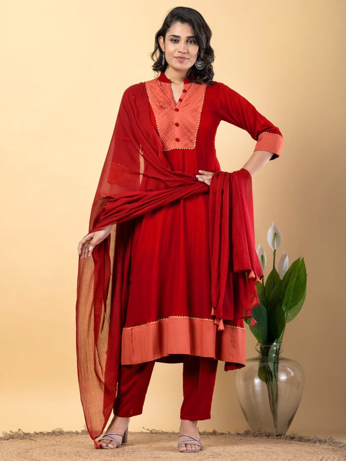 Red Gota Patti Work Premium Rayon Kurta Pant Set with Cotton Dupatta?3 Piece Salwar Kameez Suit Set-750113