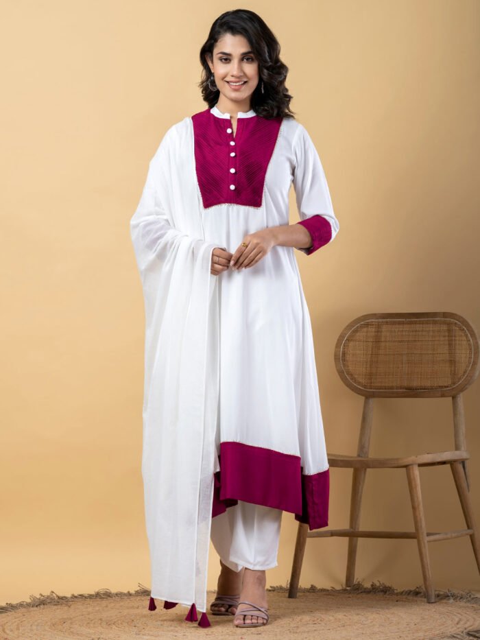 White Purple Gota Patti Work Premium Rayon Kurta Pant Set with Cotton Dupatta?3 Piece Salwar Kameez Suit Set-750116