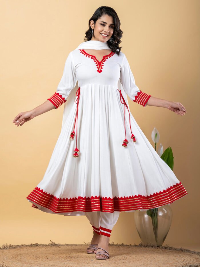 Red White Anarkali Premium Rayon Kurta Pant Set with Cotton Dupatta?3 Piece Ready to Wear Salwar Kameez Suit Set-750117