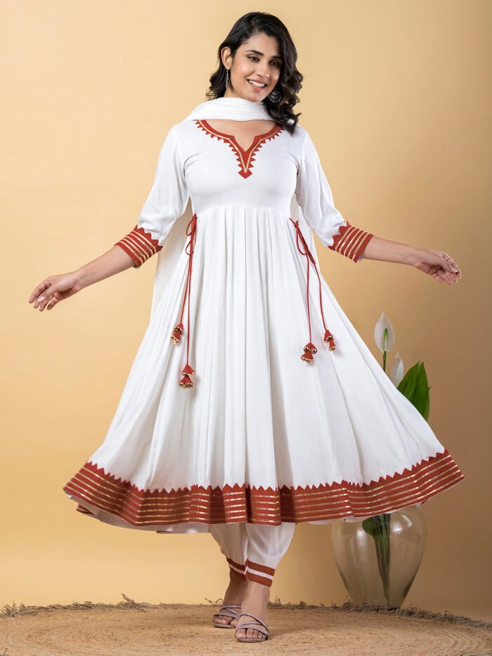 Red White Anarkali Premium Rayon Kurta Pant Set with Cotton Dupatta?3 Piece Ready to Wear Salwar Kameez Suit Set-750120