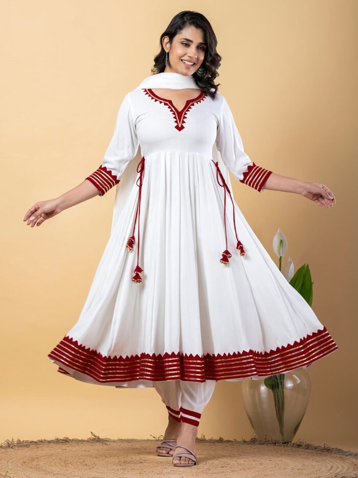 Maroon White Anarkali Premium Rayon Kurta Pant Set with Cotton Dupatta?3 Piece Ready to Wear Salwar Kameez Suit Set-750124