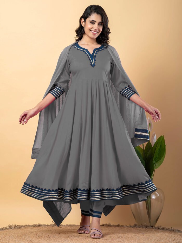 Grey Anarkali Premium Rayon Kurta Pant Set with Cotton Dupatta?3 Piece Ready to Wear Salwar Kameez Suit Set-750126