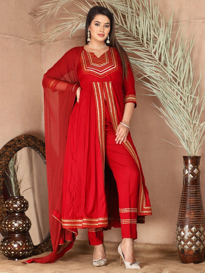 Red Anarkali Premium Rayon Kurta Pant Set with Cotton Dupatta Designer?3 Piece Ready to Wear Salwar Kameez Suit Set-750136
