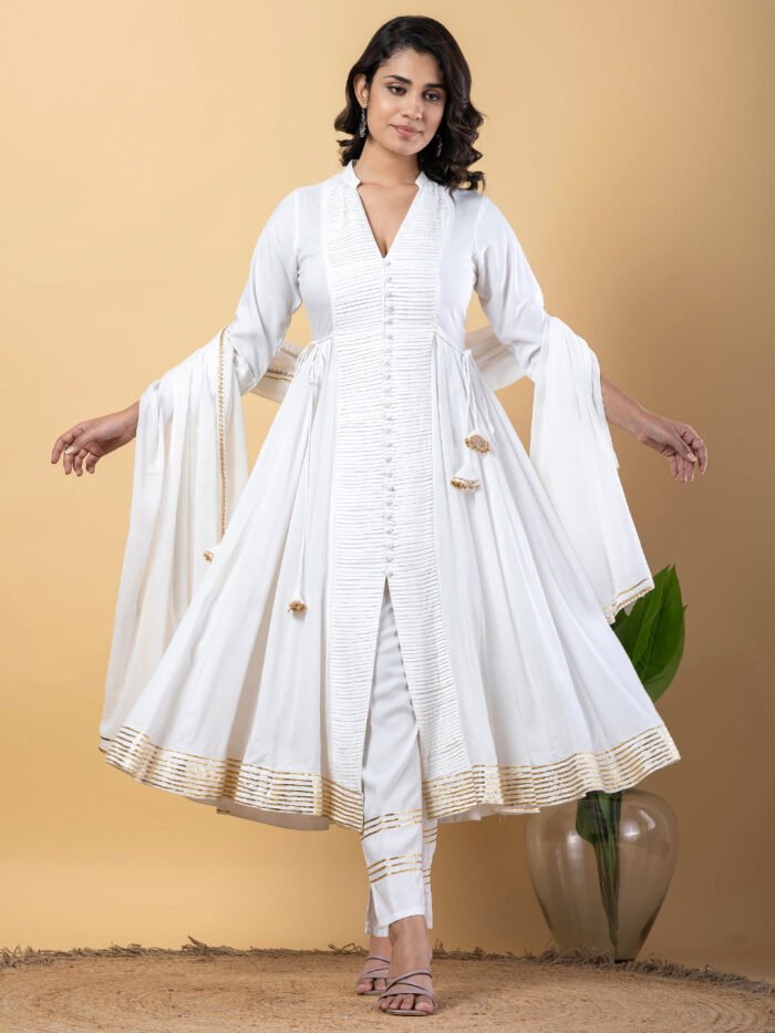 White Anarkali Premium Rayon Kurta Pant Set with Cotton Dupatta Designer?3 Piece Ready to Wear Salwar Kameez Suit Set-750144