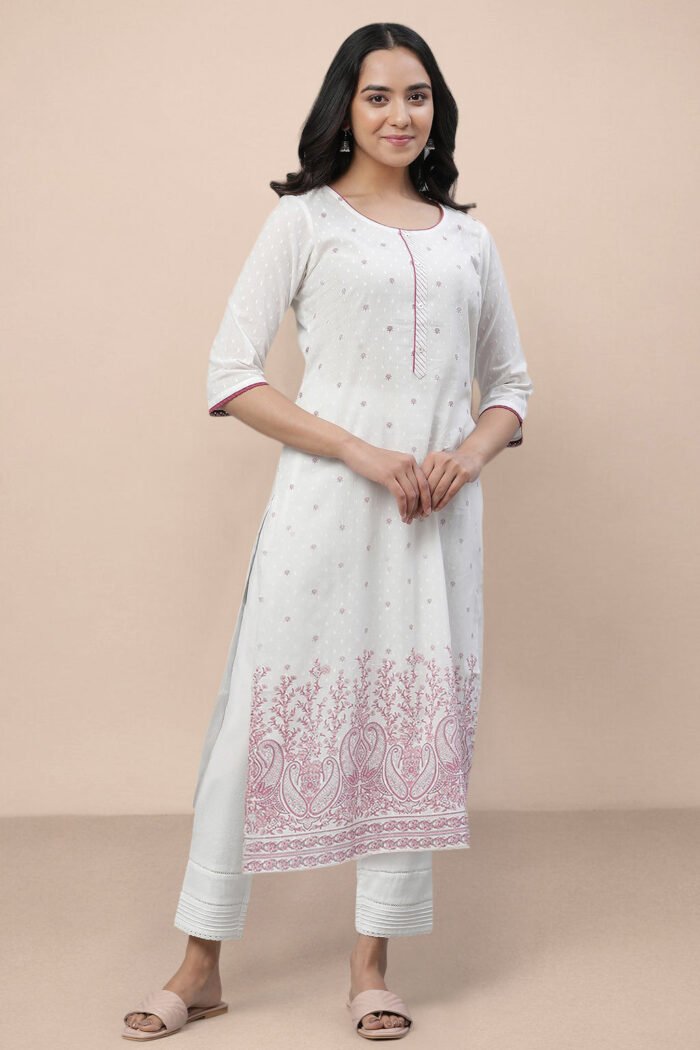 White Pure Cotton Straight Kurta and Trouser Set