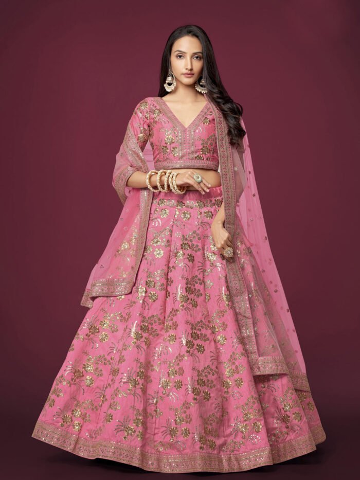Slub Silk Traditional Reception Semi-Stitched Lehenga Choli In Pink color-41001