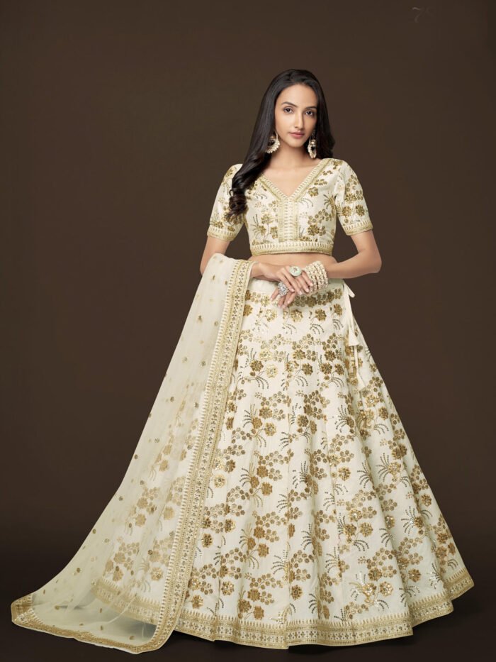 Slub Silk Traditional Reception Semi-Stitched Lehenga Choli In White color-41002