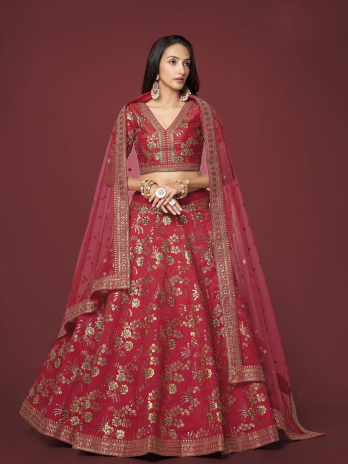Slub Silk Traditional Reception Semi-Stitched Lehenga Choli In red color-41004