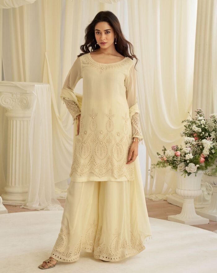 Cream Georgette Beads Work Women Readymade Palazzo Salwar Suit