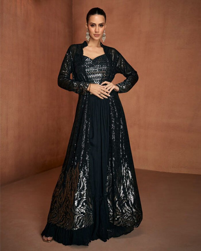 Black Georgette Women Readymade Mirror Work Crop Top Palazzo With Jacket