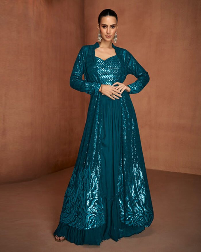 Blue Georgette Women Readymade Mirror Work Crop Top Palazzo With Jacket