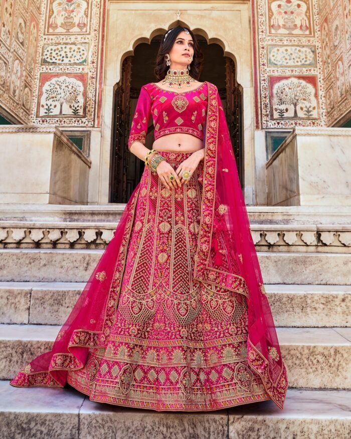 Pink Zarkan Work Velvet Fabric Women Customized Bridal Lehenga Choli With Pink Net Embroidered Dupatta