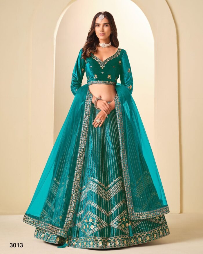 Teal Ice Velvet Sequins Work Unstitched Women Bridal Lehenga Choli