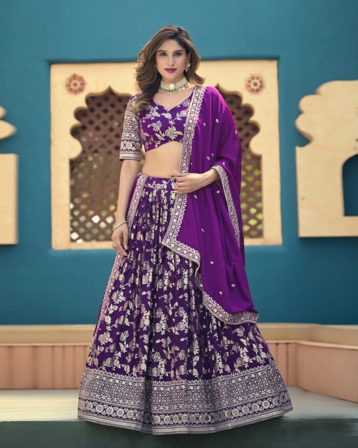 Purple Dola Silk Jacquard Sequins Work Unstitched Women Wedding Lehenga Choli