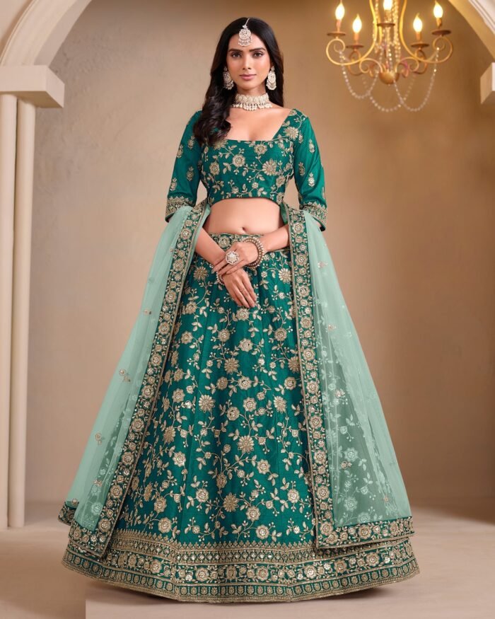 Green Art Silk Unstitched Zari & Sequins Work Women Lehenga Choli