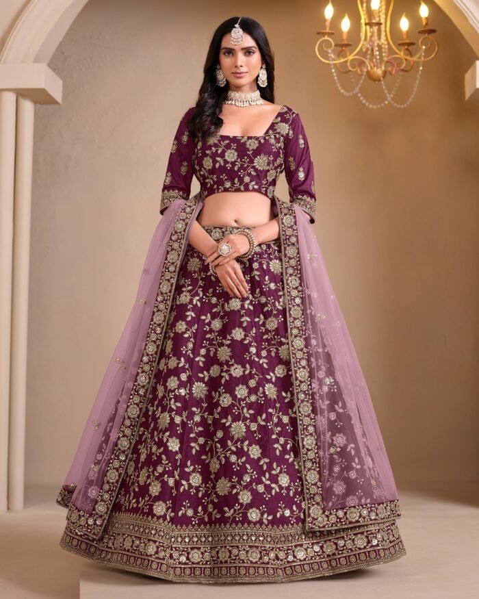 Wine Art Silk Unstitched Zari & Sequins Work Women Lehenga Choli