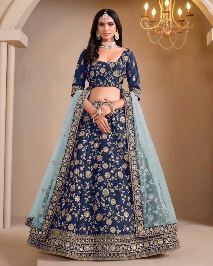 Blue Art Silk Unstitched Zari & Sequins Work Women Lehenga Choli