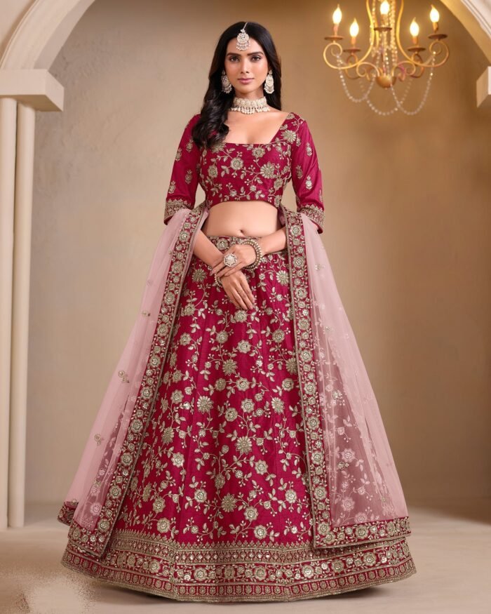 Pink Art Silk Unstitched Zari & Sequins Work Women Lehenga Choli