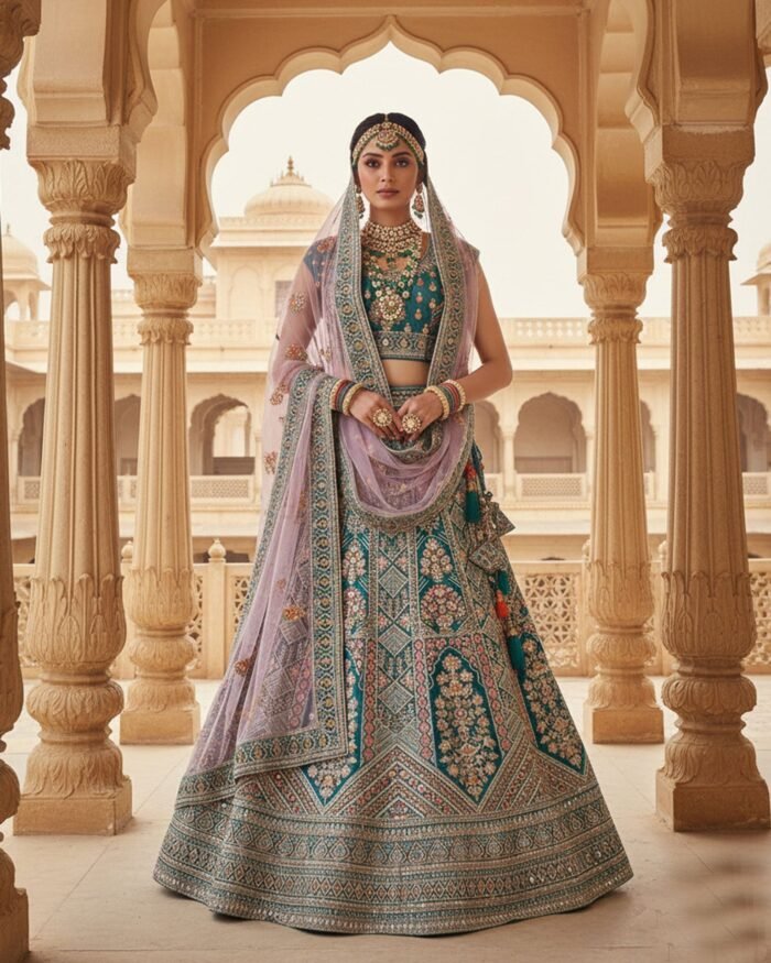 Green Velvet Unstitched Women Bridal Lehenga Choli & Pink Net Dupatta
