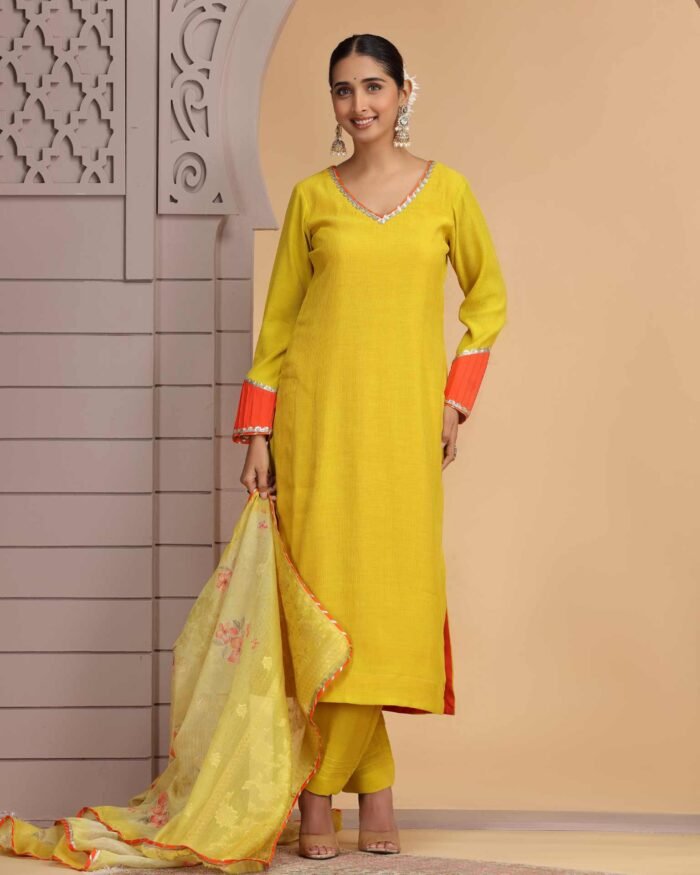 Yellow Readymade Chiffon Salwar Suit For Woman With Chanderi Jacquard Dupatta