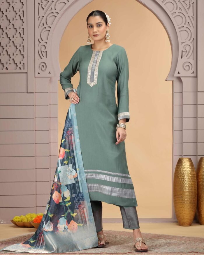 Green Grey Readymade Chiffon Salwar Suit For Woman With Chanderi Dupatta
