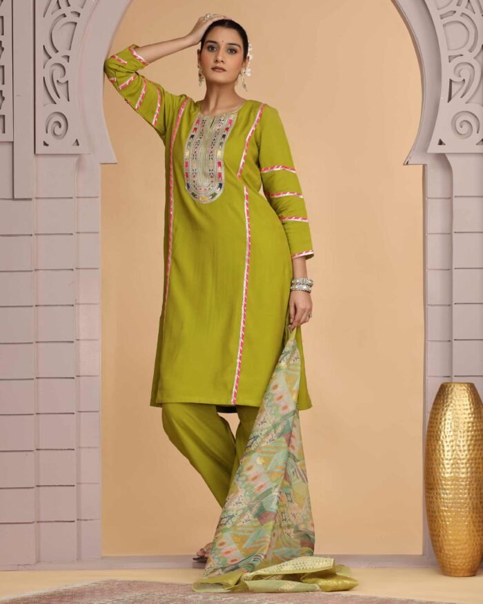 Green Readymade Chiffon Salwar Suit For Woman With Chanderi Dupatta
