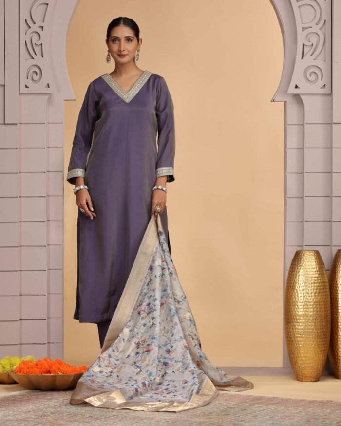Purple Readymade Chiffon Salwar Suit For Woman With Chanderi Dupatta