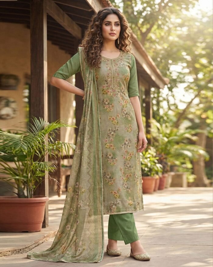 Beige Green Unstitchd Women Viscose Plus Size Salwar Kameez With Printed Dupatta