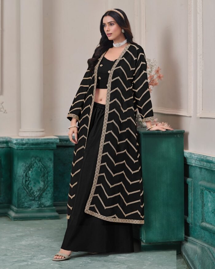 Black Chinnon Women Readymade Zari Work Crop Top Palazzo With Shrug