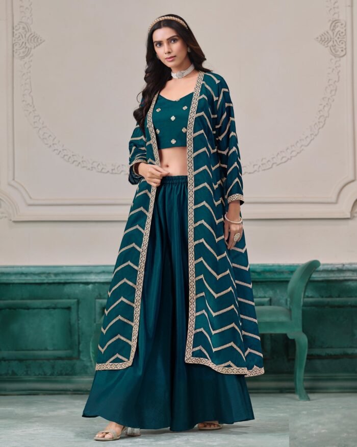 Blue Chinnon Women Readymade Zari Work Crop Top Palazzo With Shrug
