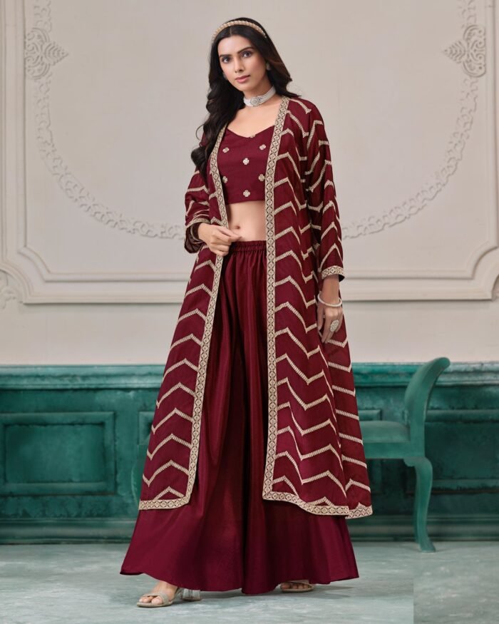 Maroon Chinnon Women Readymade Zari Work Crop Top Palazzo With Shrug