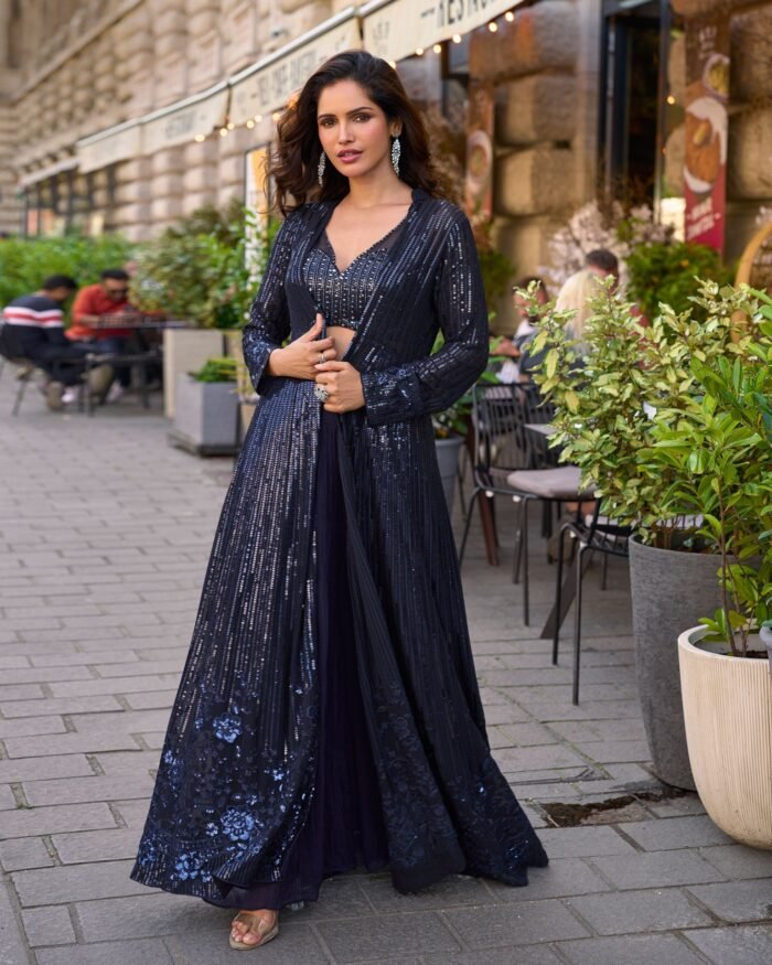 Blue Georgette Women Readymade Sequins Work Crop Top Palazzo Set With Jacket