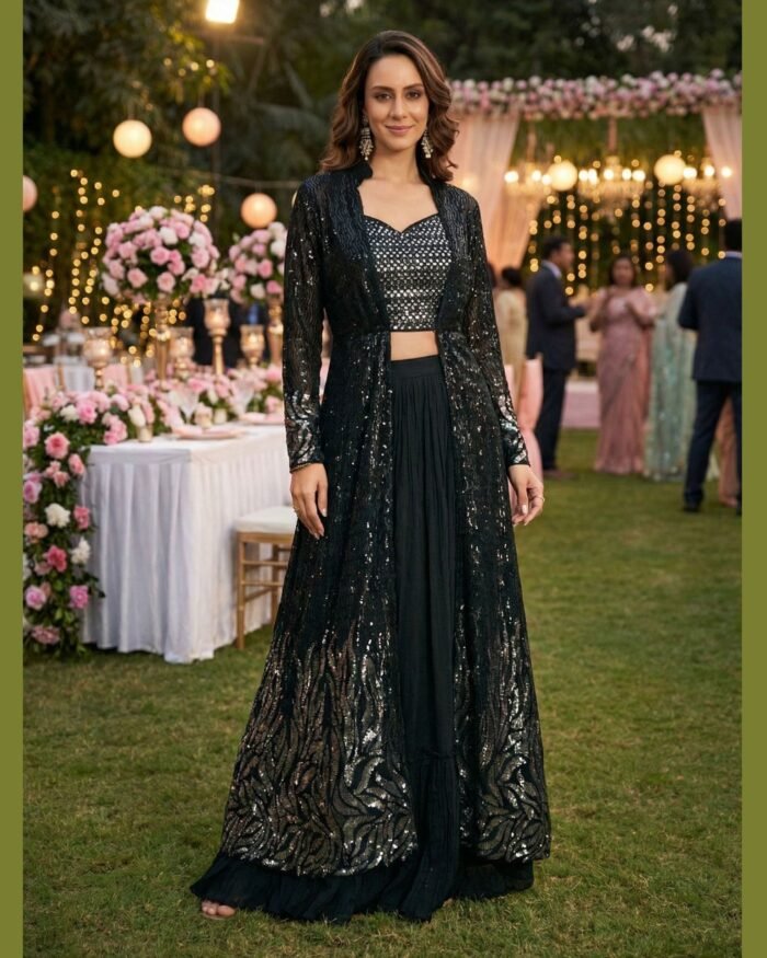 Black Georgette Women Readymade Sequins Work Crop Top Palazzo Set With Jacket