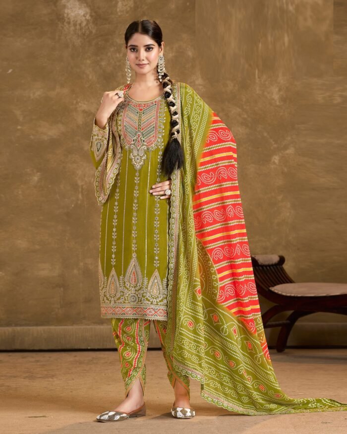 Green Red Mirror Work Chinnon Silk Women Readymade Kurta With Dhoti Style Pant And Digital Print Dupatta