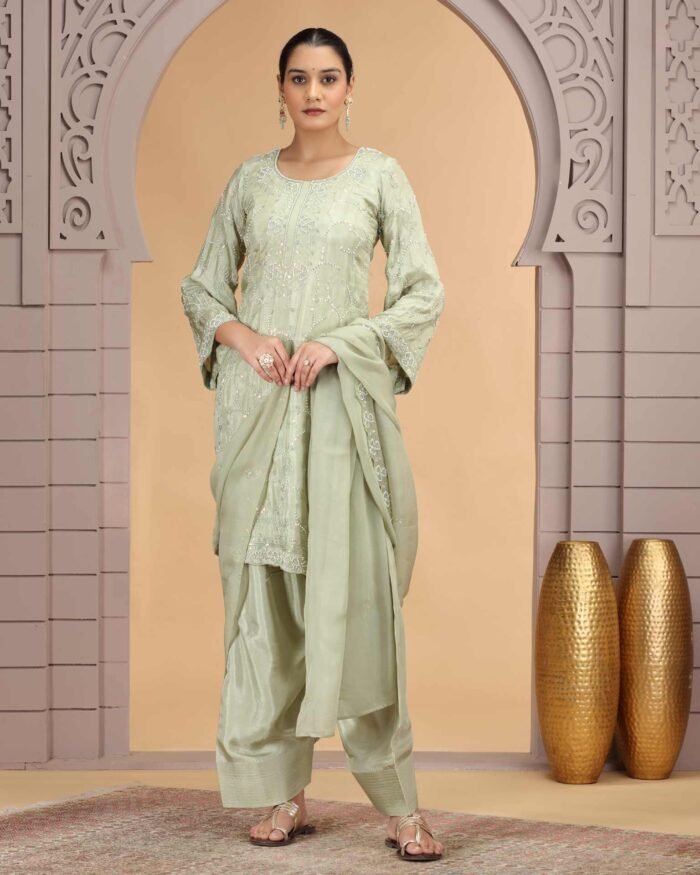 Green Silk Readymade Salwar Suit For Woman With Farsi Pant