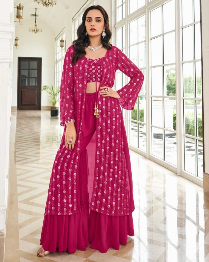 Pink Georgette Crop Top Sharara Suit With Shrug