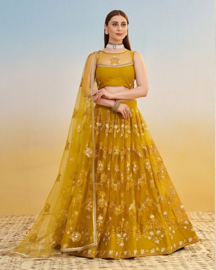 Mustard Yellow Thread & Sequins Work Customized Women Net Lehenga Choli With Embroidered Dupatta