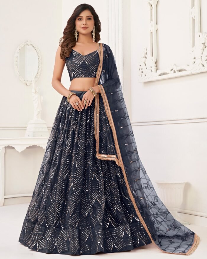 Navy Blue Mirror & Thread Work Net Women Customized Lehenga Choli With Embroidered Dupatta