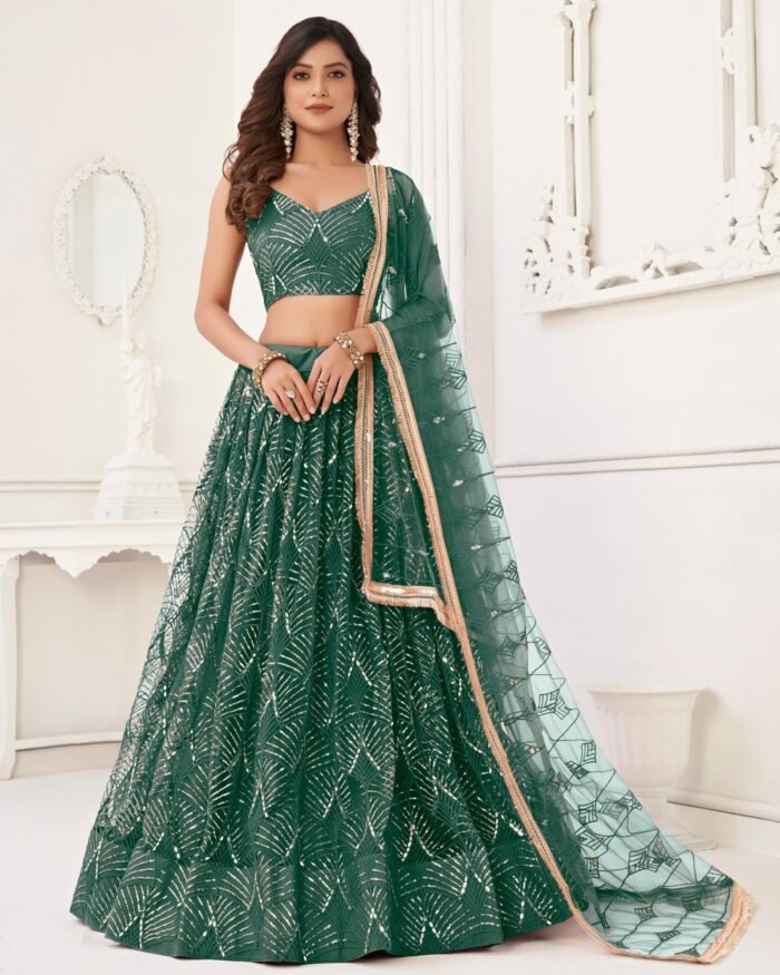 Green Mirror & Thread Work Net Lehenga Choli With Embroidered Dupatta