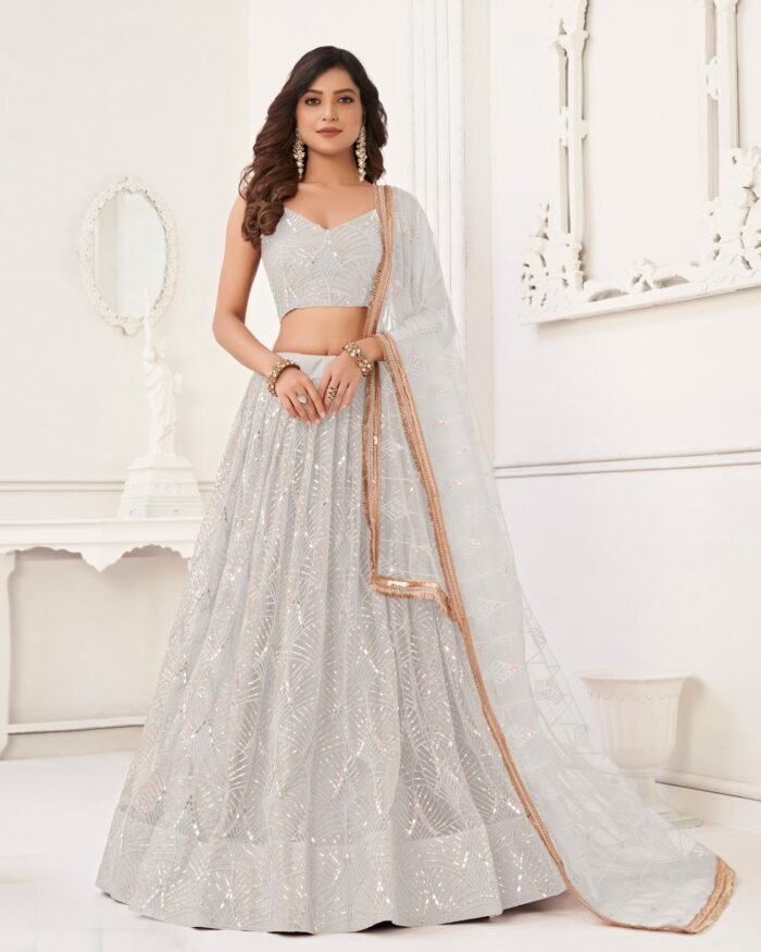 Light Grey Mirror & Thread Work Net Lehenga Choli With Embroidered Dupatta