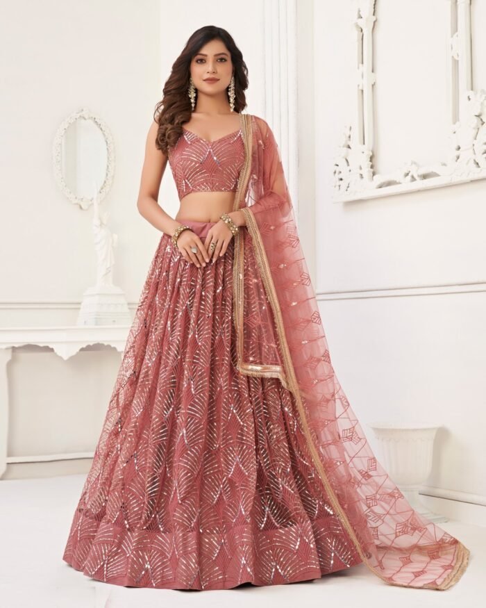 Rose Pink Mirror & Thread Work Net Lehenga Choli With Embroidered Dupatta