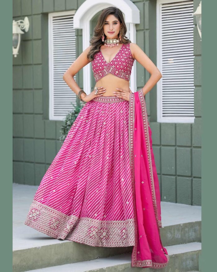 Pink Soft Organza Lehria Print Unstitched Women Lehenga Choli