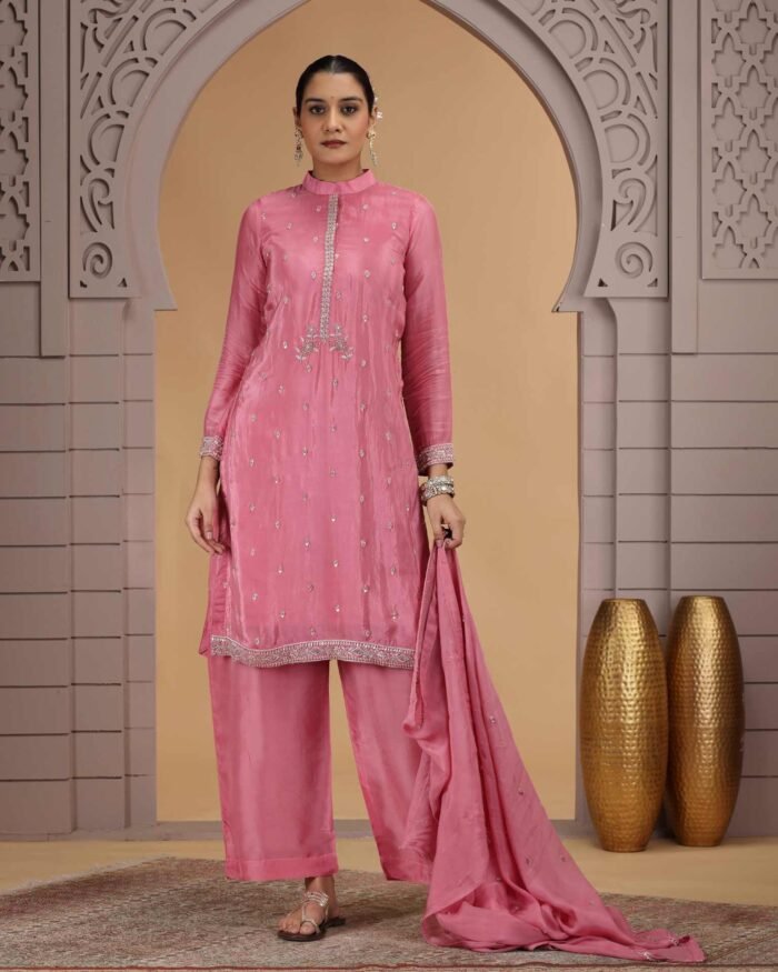 Pink Silk Readymade Salwar Suit For Woman With Palazzo Pant