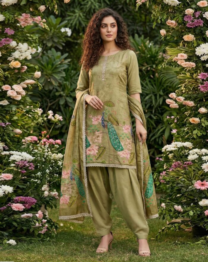 Green Cotton Silk Plus Size Unstitched Women Salwar Kameez