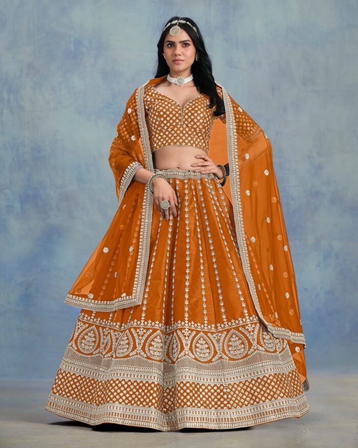Art Silk Unstitched Zari & Sequins Work Women Orange Lehenga Choli