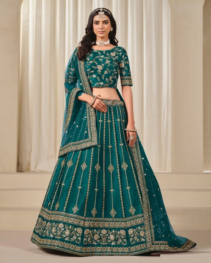 Teal Blue Art Silk Unstitched Zari & Sequins Work Women Lehenga Choli