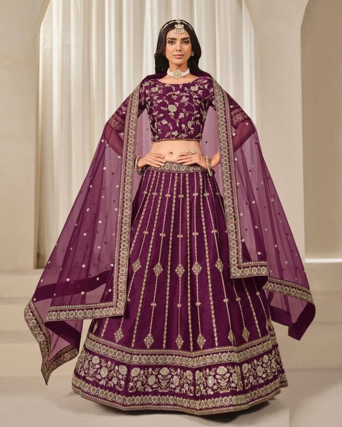 Wine Art Silk Unstitched Zari & Sequins Work Women Lehenga Choli