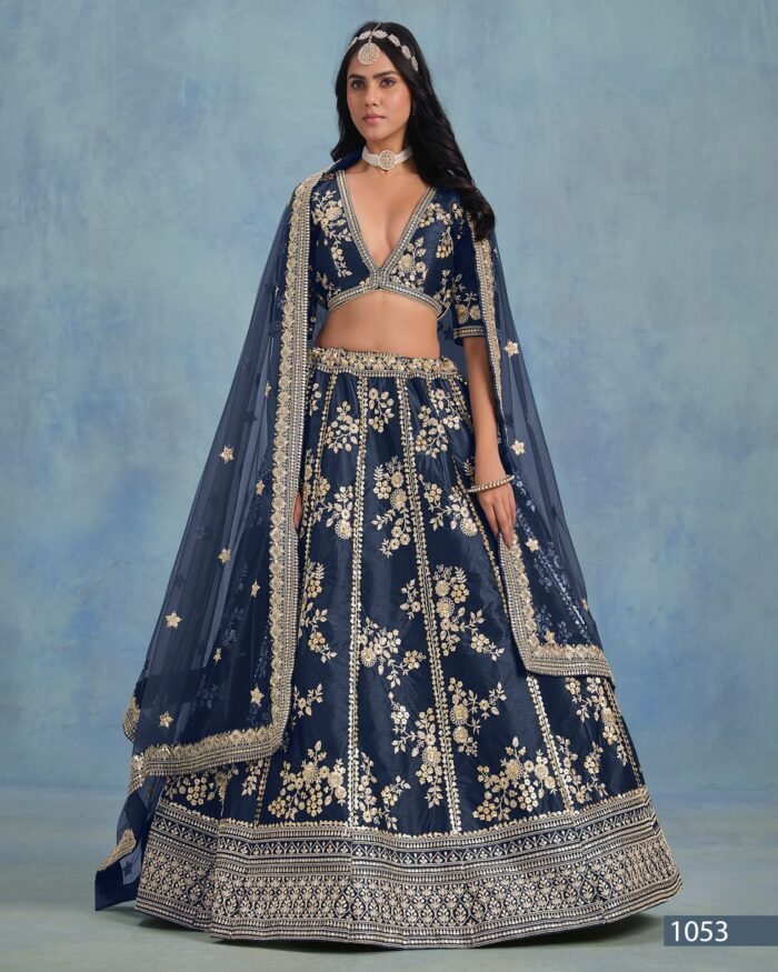 Blue Art Silk Unstitched Zari & Sequins Work Women Lehenga Choli