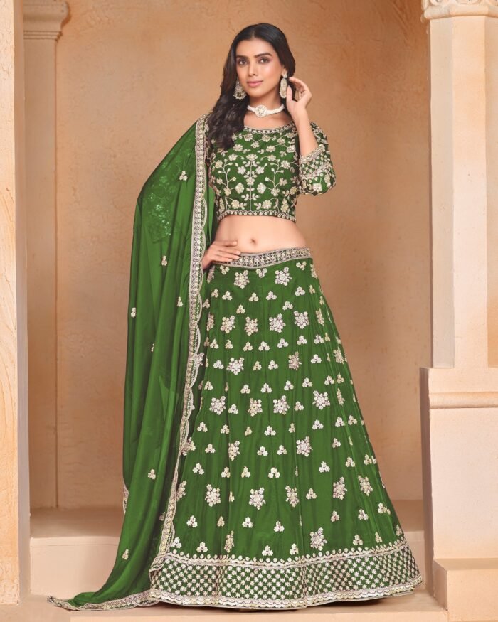 Green Organza Unstitched Zari & Sequins Work Embroidered Lehenga Choli For Women Girls