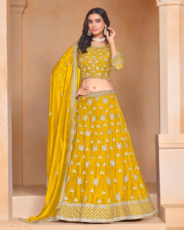 Yellow Organza Unstitched Zari & Sequins Work Embroidered Lehenga Choli For Women Girls